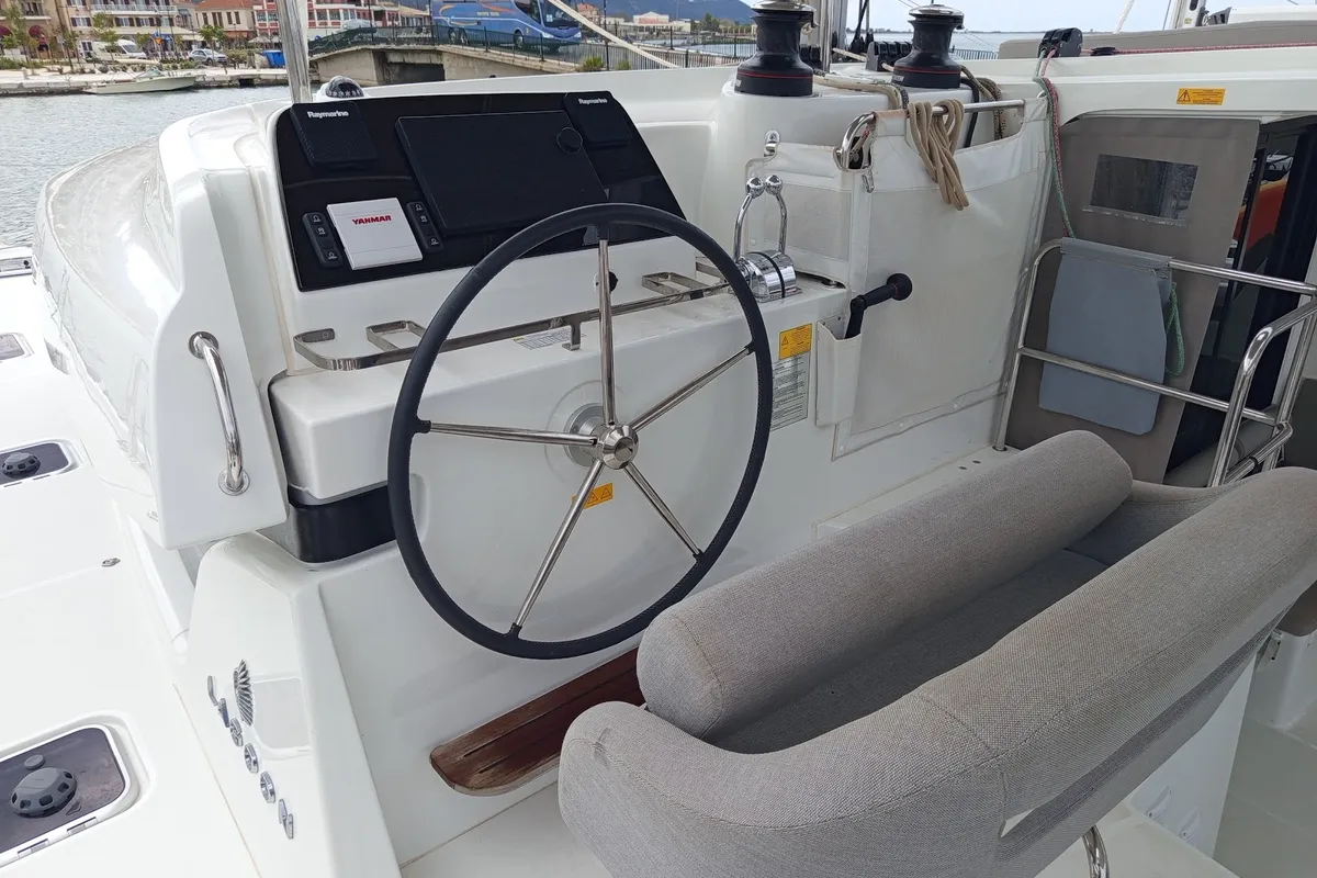 Cockpit of Zahira, a Lagoon 42 catamaran at Municipal Unit of Lefkada, Greece