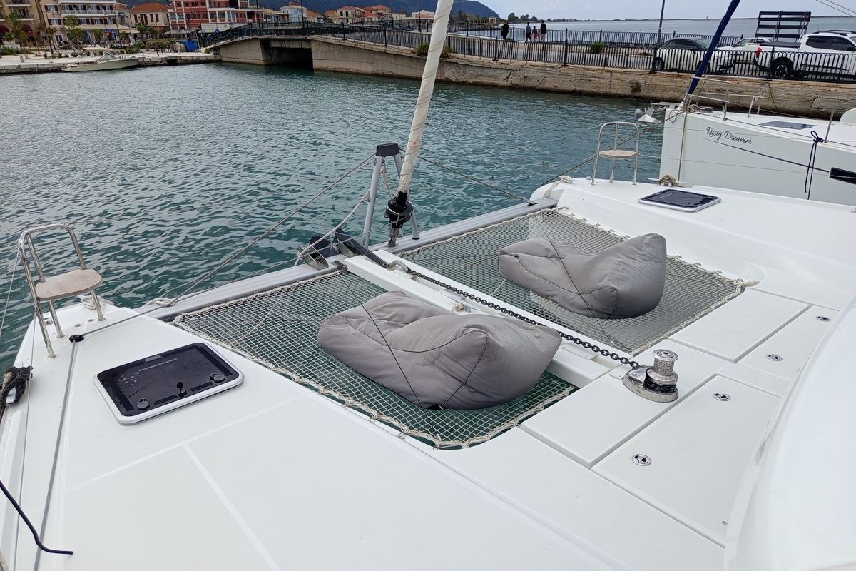 Deck of Zahira, a Lagoon 42 catamaran at Municipal Unit of Lefkada, Greece