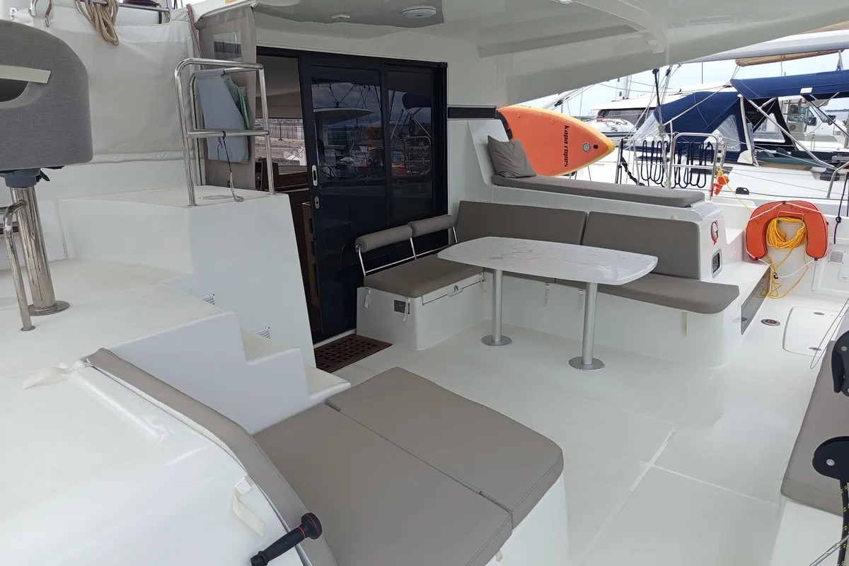 Deck of Zahira, a Lagoon 42 catamaran at Municipal Unit of Lefkada, Greece