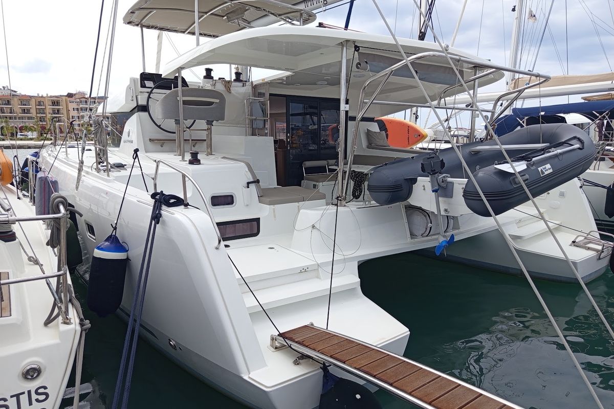 Exterior view of Zahira, a Lagoon 42 catamaran at Municipal Unit of Lefkada, Greece