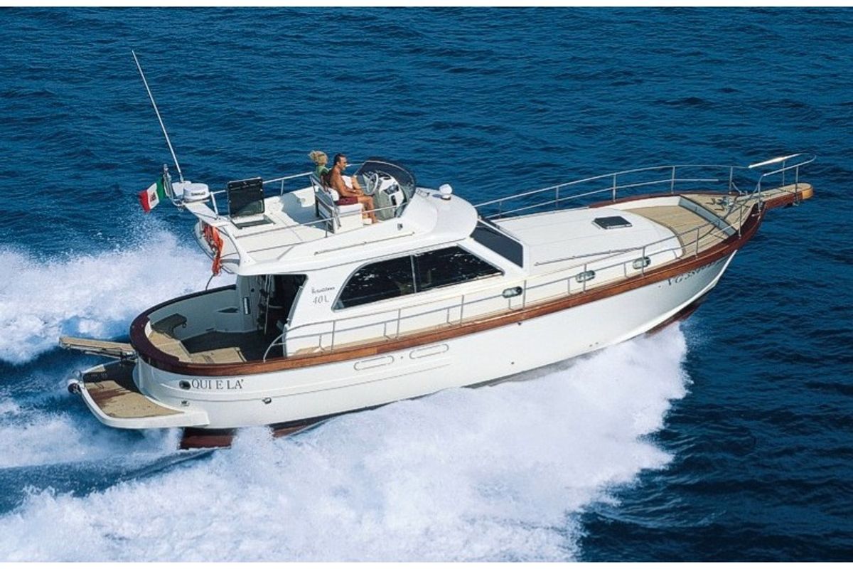 Exterior view of Perla di mare, a Sciallino 40 motorboat at Cagliari, Italy