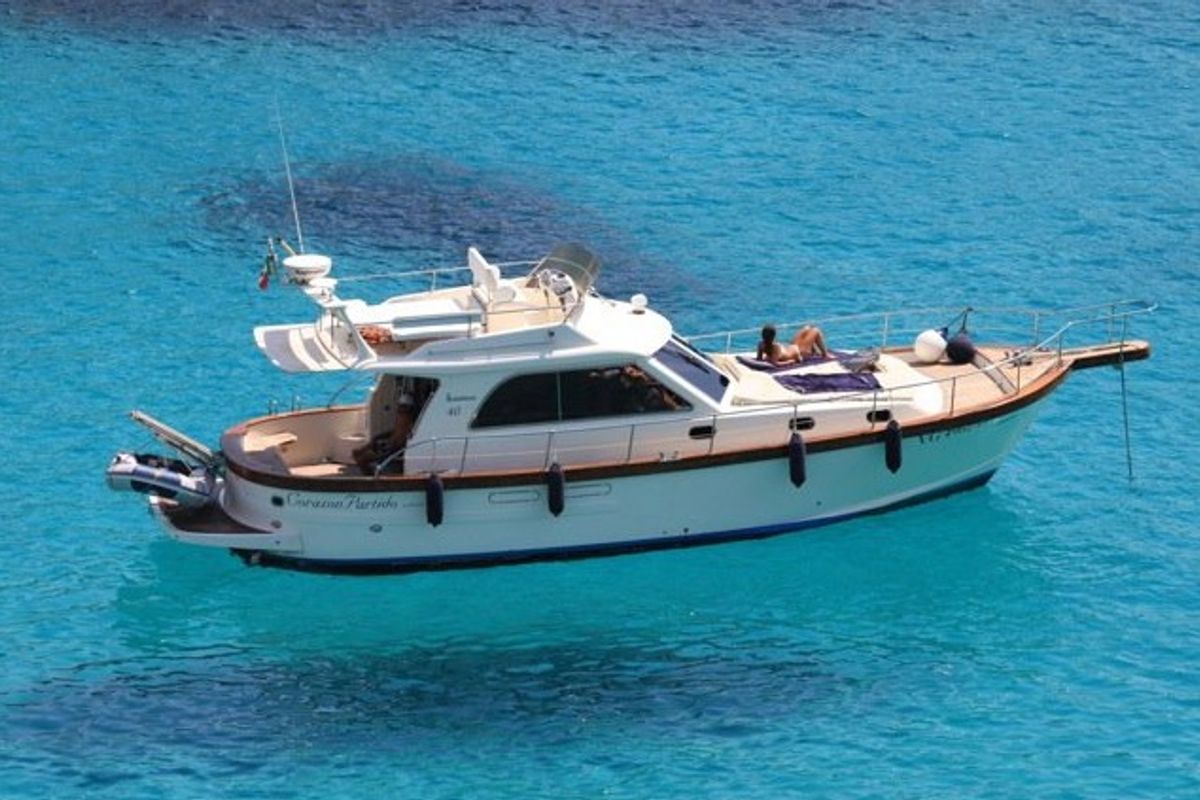 Exterior view of Perla di mare, a Sciallino 40 motorboat at Cagliari, Italy
