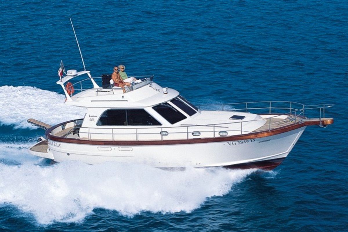 Exterior view of Perla di mare, a Sciallino 40 motorboat at Cagliari, Italy