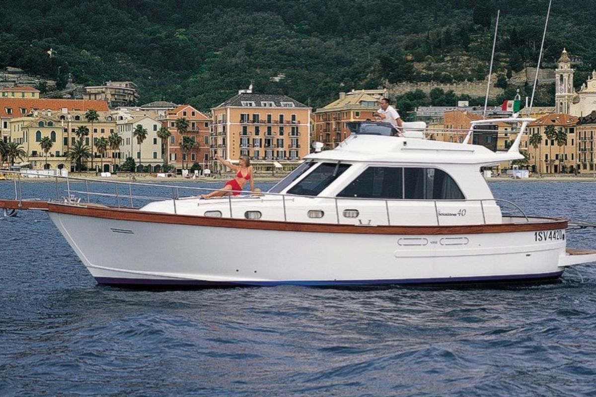 Exterior view of Perla di mare, a Sciallino 40 motorboat at Cagliari, Italy