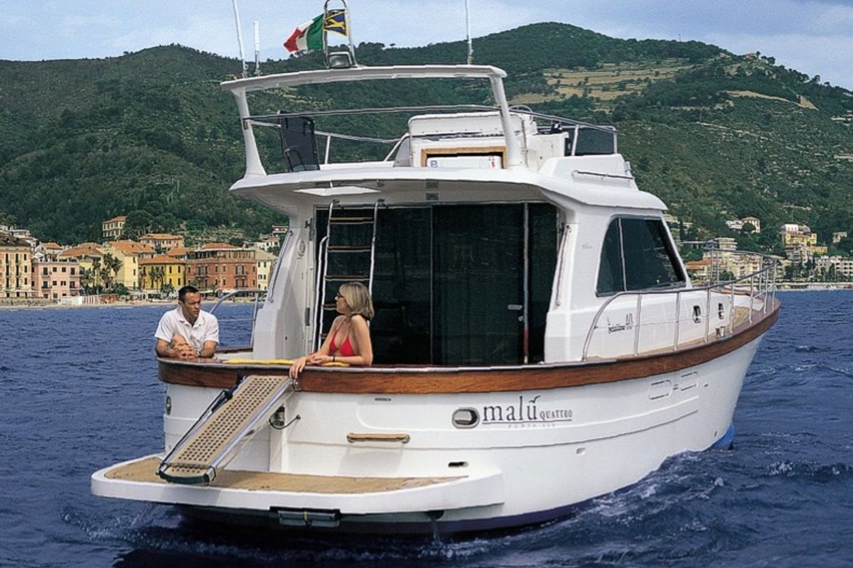 Exterior view of Perla di mare, a Sciallino 40 motorboat at Cagliari, Italy