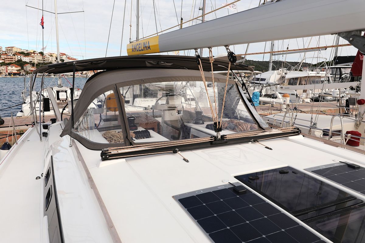 Deck of Moonlight, a Dufour 56 Exclusive sailboat at Grad Trogir, Croatia