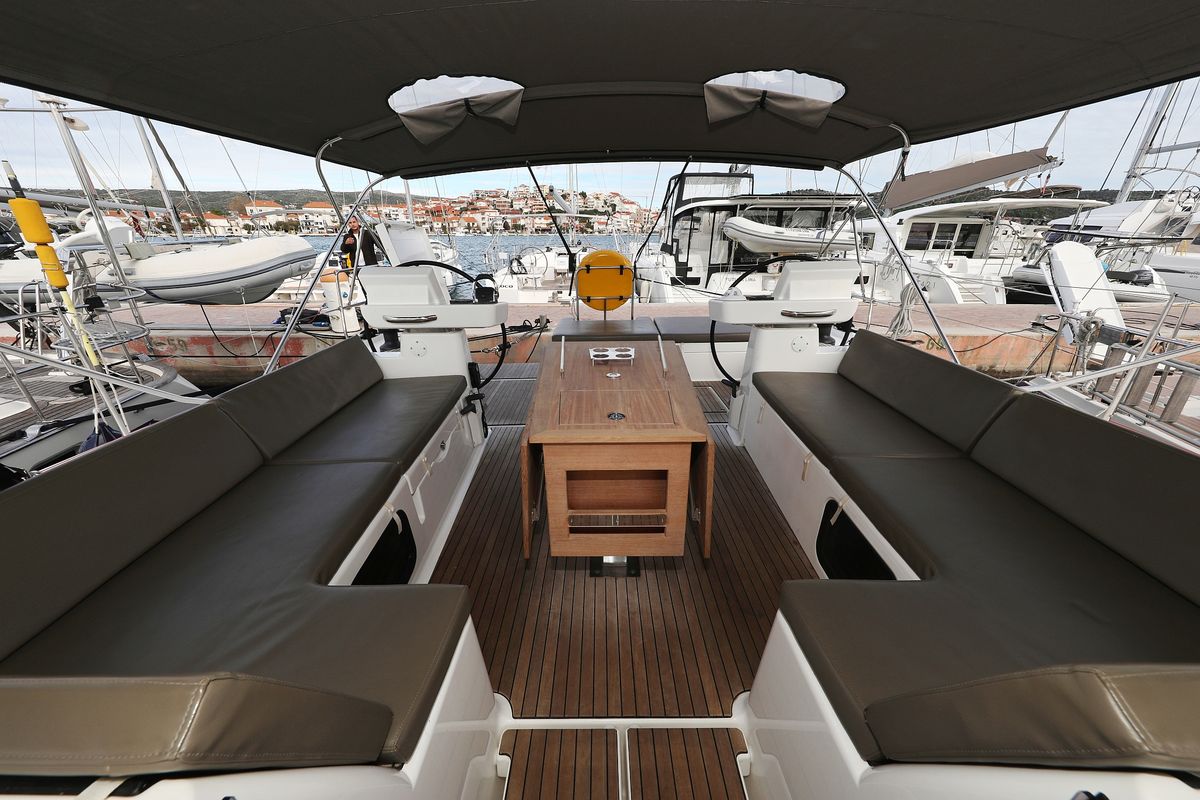 Cockpit of Moonlight, a Dufour 56 Exclusive sailboat at Grad Trogir, Croatia