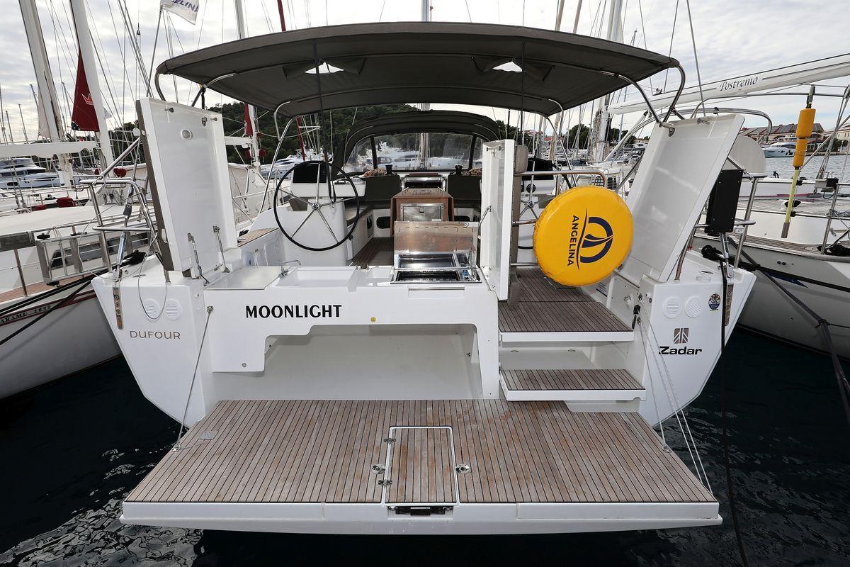 Cockpit of Moonlight, a Dufour 56 Exclusive sailboat at Grad Trogir, Croatia