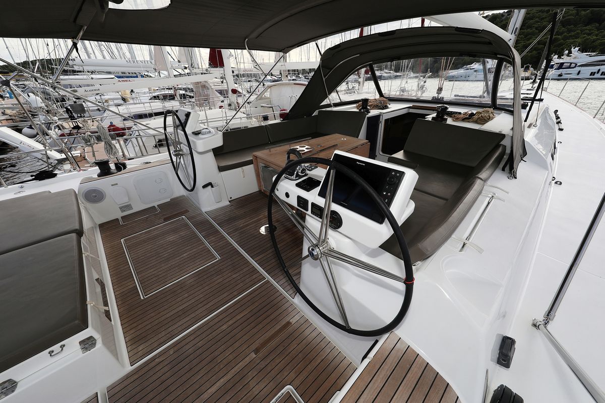 Cockpit of Moonlight, a Dufour 56 Exclusive sailboat at Grad Trogir, Croatia
