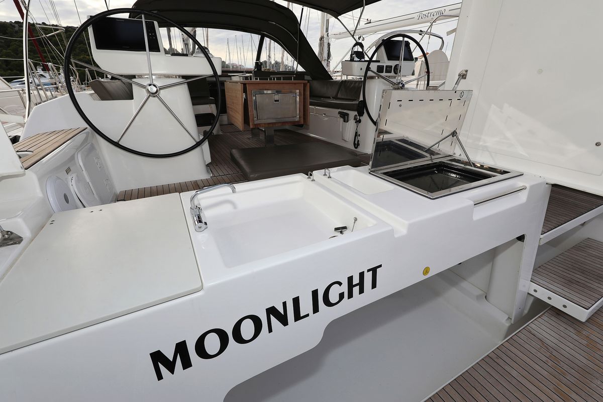 Cockpit of Moonlight, a Dufour 56 Exclusive sailboat at Grad Trogir, Croatia