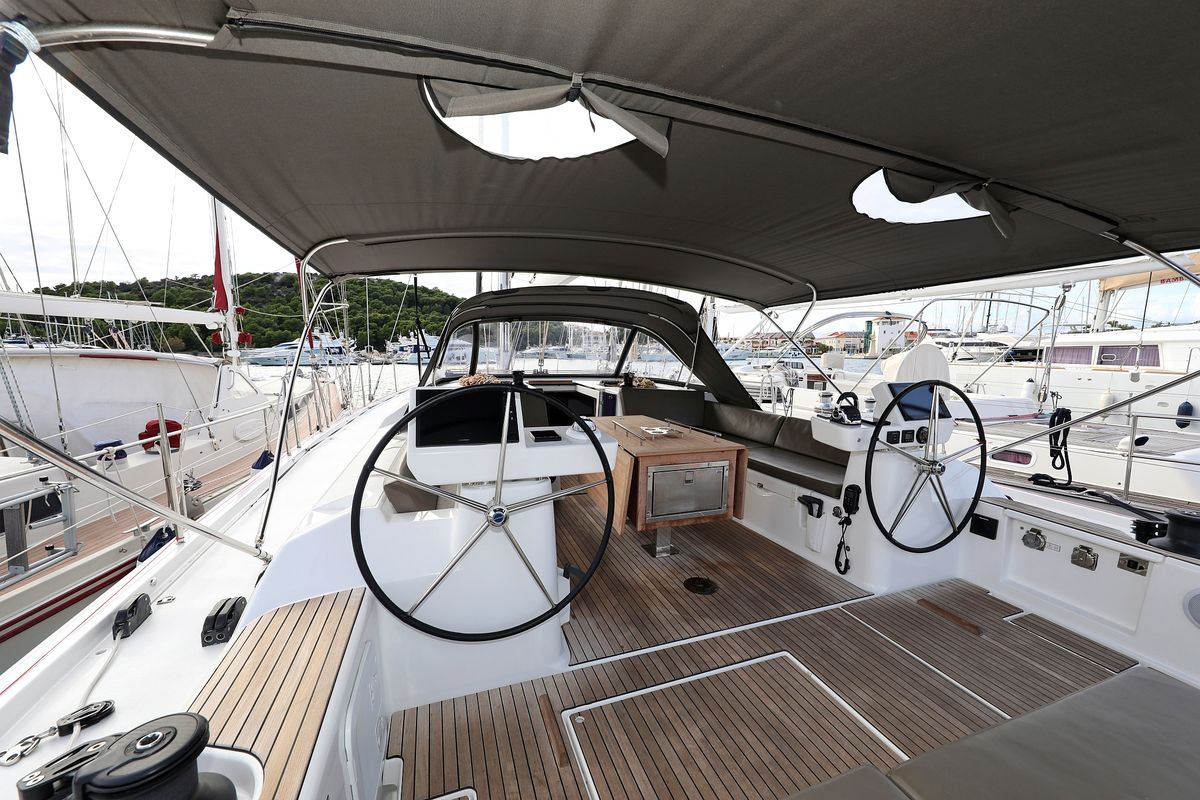 Cockpit of Moonlight, a Dufour 56 Exclusive sailboat at Grad Trogir, Croatia
