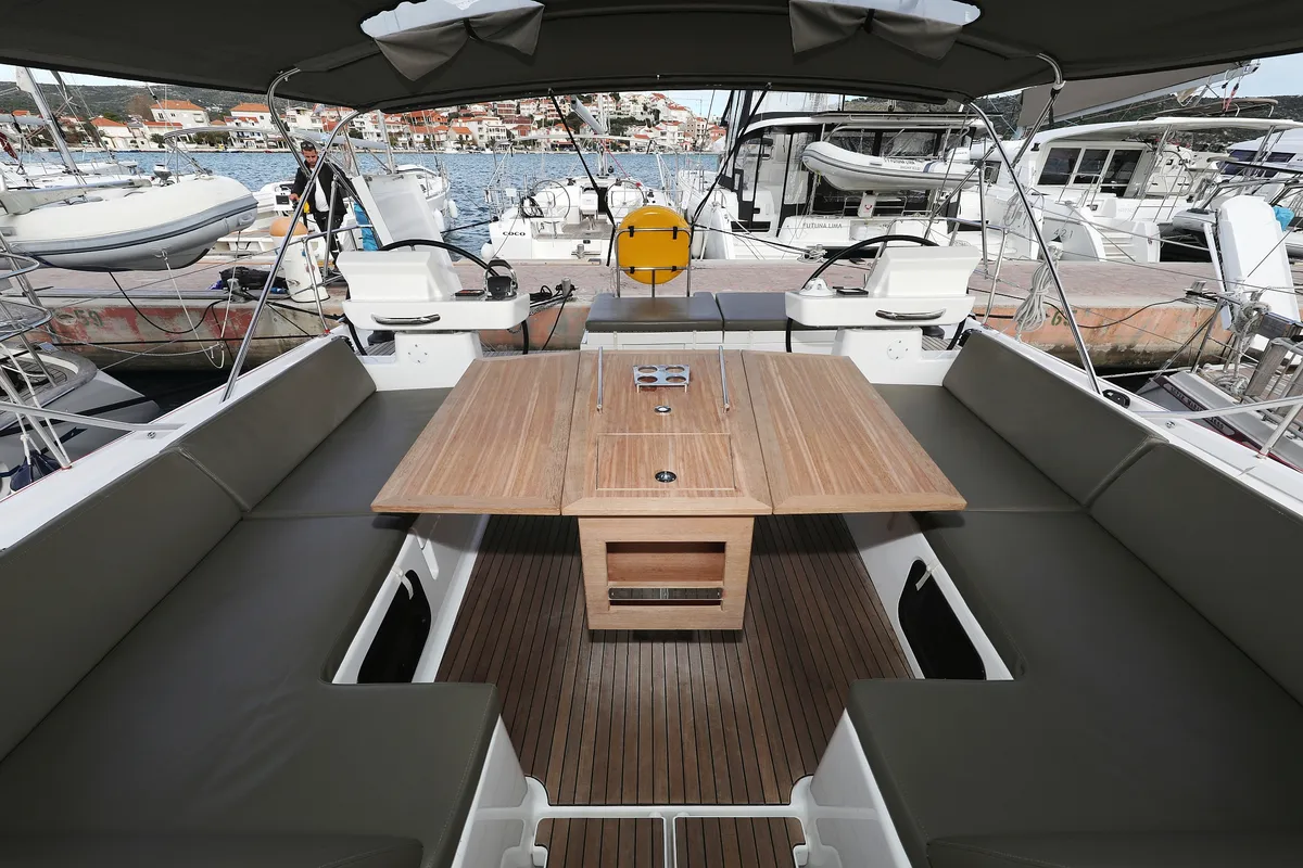 Cockpit of Moonlight, a Dufour 56 Exclusive sailboat at Grad Trogir, Croatia