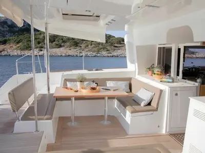 Deck of Cabin 3, a Lagoon 450 Fly catamaran at Municipal Unit of Lefkada, Greece