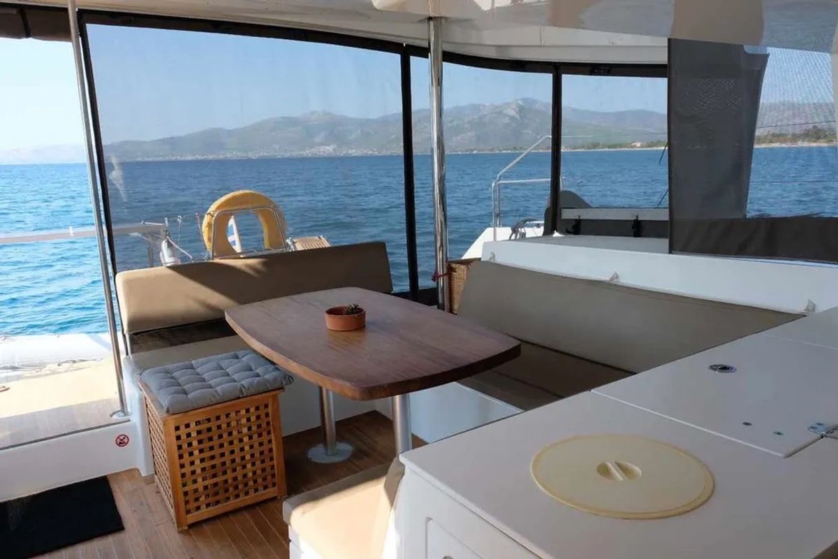 Deck of Cabin 3, a Lagoon 450 Fly catamaran at Municipal Unit of Lefkada, Greece