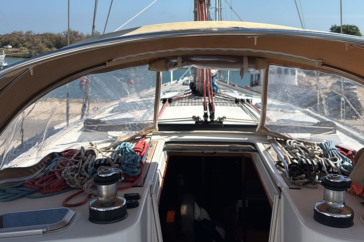 Cockpit of Vivanita, a Jeanneau Sun Odyssey 49 sailboat at Grimaud, France