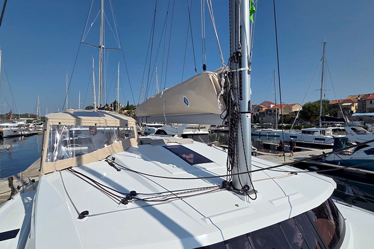 Deck of Adriatic Breeze, a Fountaine Pajot Astrea 42 catamaran at Grad Šibenik, Croatia