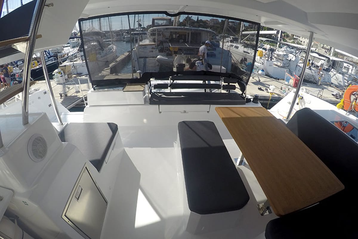 Deck of Adriatic Breeze, a Fountaine Pajot Astrea 42 catamaran at Grad Šibenik, Croatia