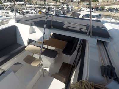 Deck of Adriatic Breeze, a Fountaine Pajot Astrea 42 catamaran at Grad Šibenik, Croatia