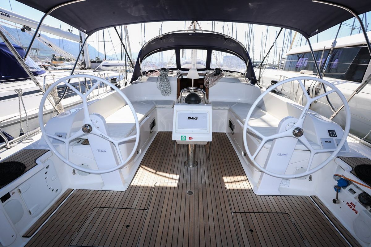 Cockpit of Skrivena, a Bavaria Cruiser 46 sailboat at Grad Kaštela, Croatia