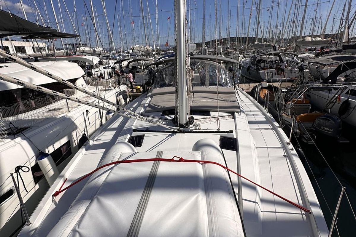 Deck of Felice, a Hanse Yachts Hanse 460 sailboat at Seget Donji, Croatia