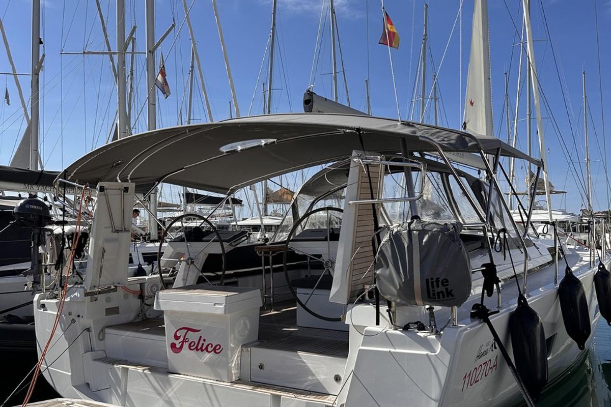 Exterior view of Felice, a Hanse Yachts Hanse 460 sailboat at Seget Donji, Croatia