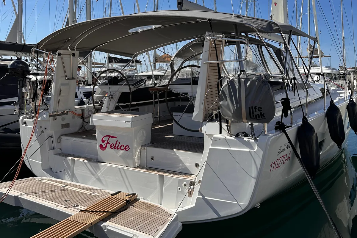 Exterior view of Felice, a Hanse Yachts Hanse 460 sailboat at Seget Donji, Croatia