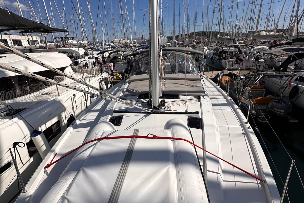 Exterior view of Felice, a Hanse Yachts Hanse 460 sailboat at Seget Donji, Croatia