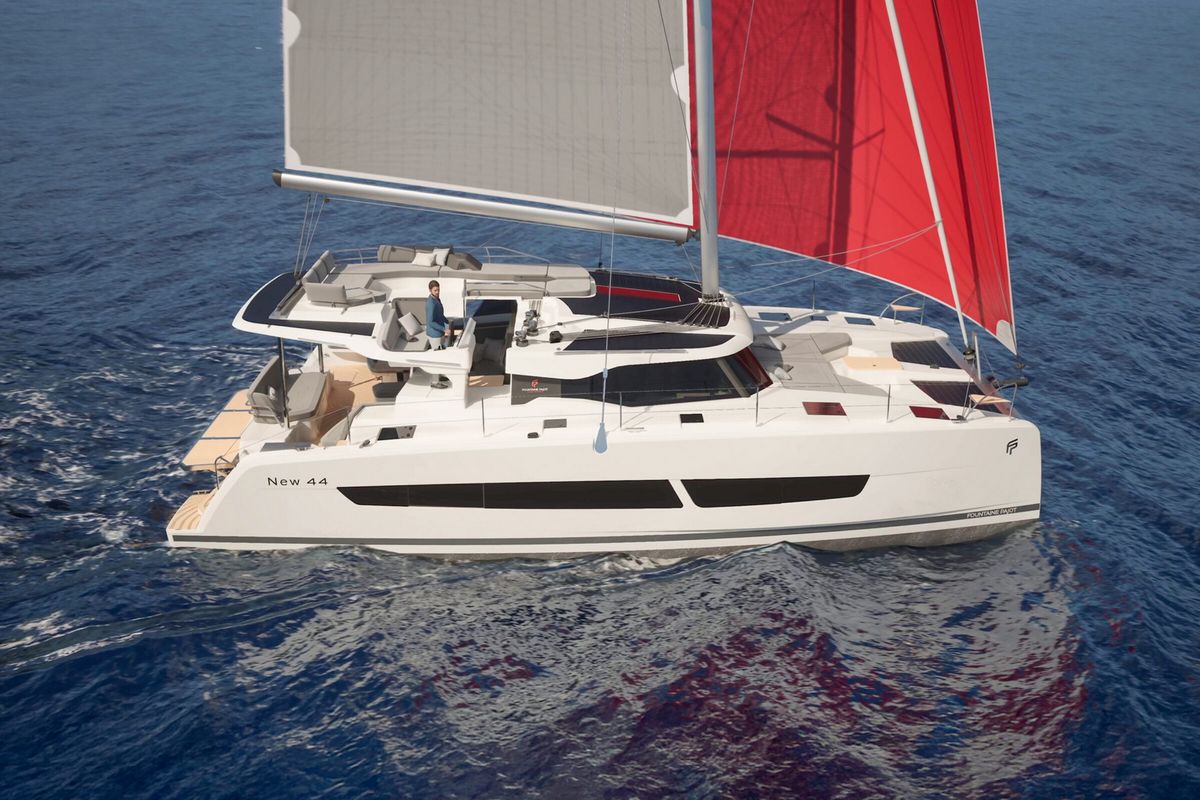Exterior view of Lizzie, a Fountaine Pajot FP 44 Quatuor catamaran at Seget Donji, Croatia
