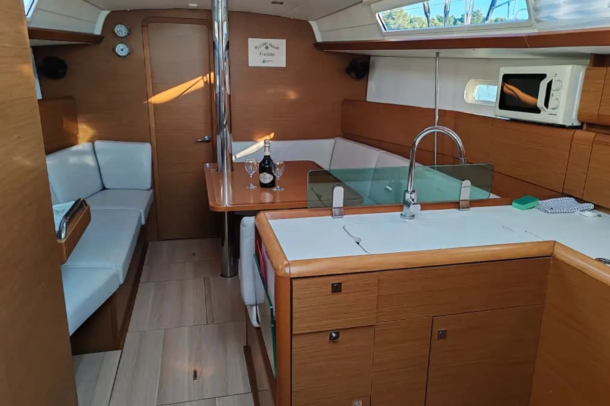 Galley of Freddie, a Jeanneau Sun Odyssey 389 sailboat at Općina Pakoštane, Croatia