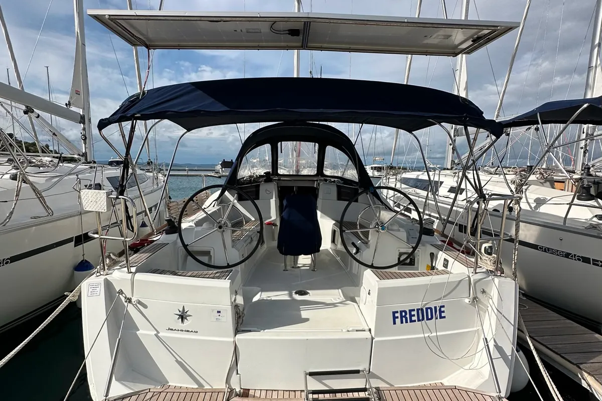 Cockpit of Freddie, a Jeanneau Sun Odyssey 389 sailboat at Općina Pakoštane, Croatia