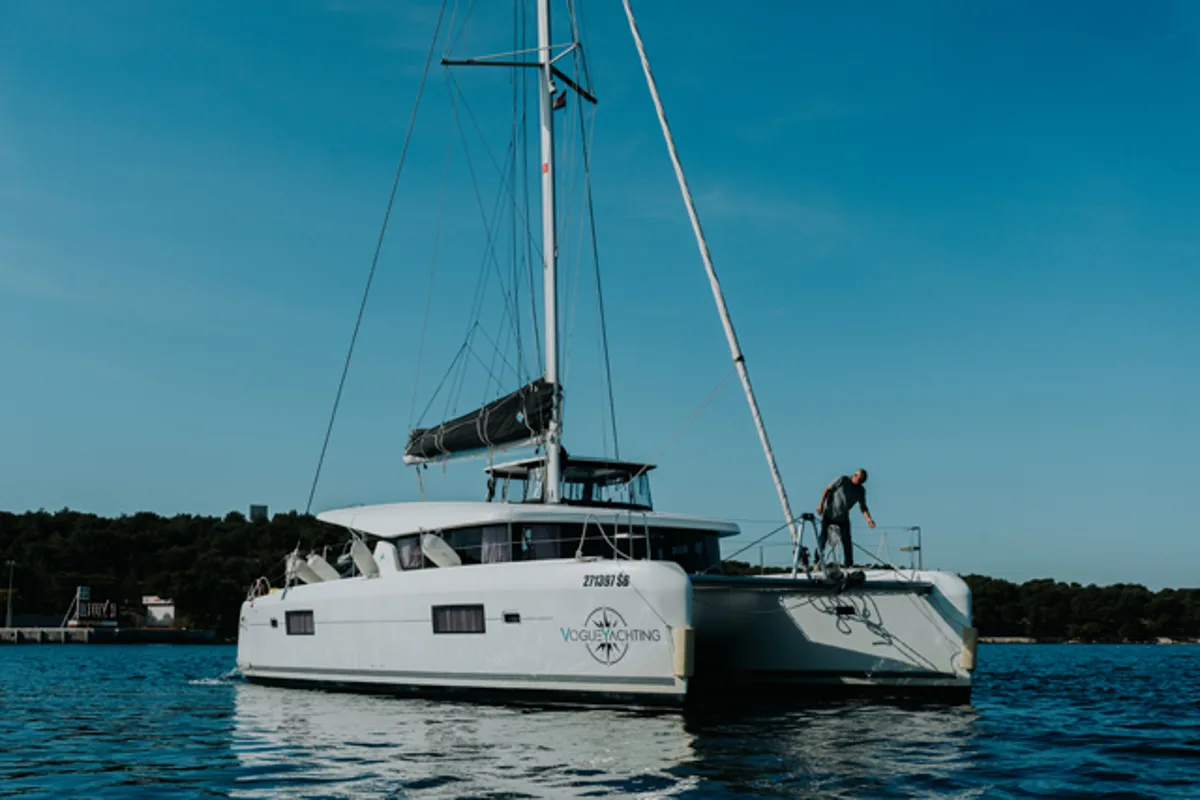 Exterior view of ZETA, a Lagoon 42 catamaran at Grad Šibenik, Croatia