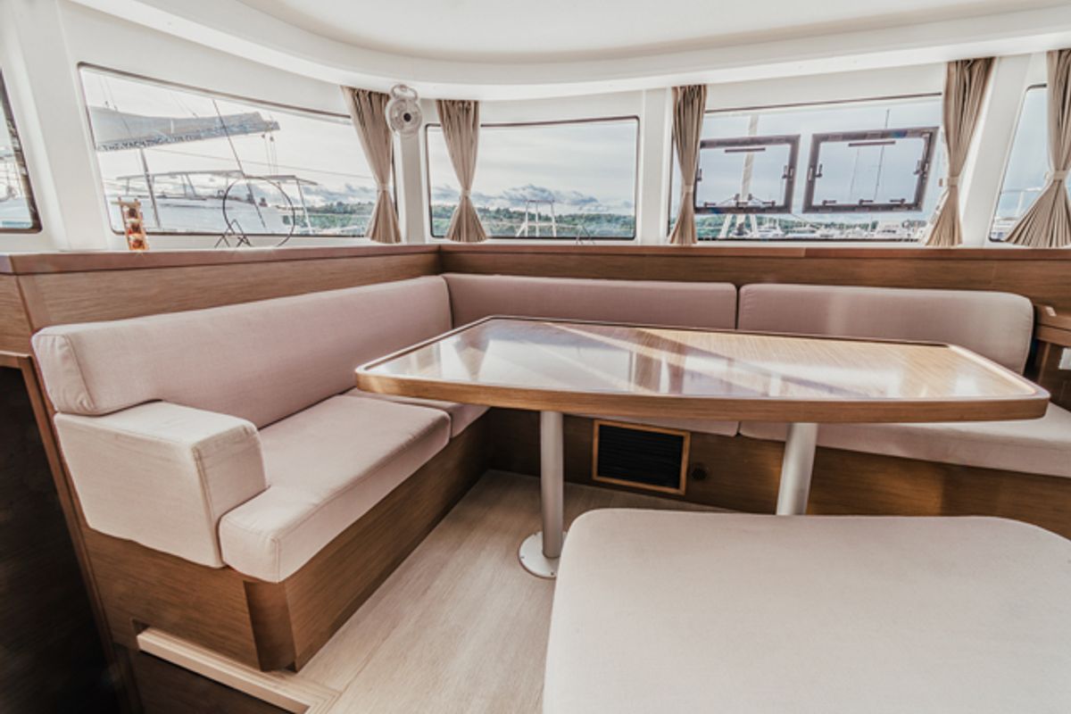 Salon of ZETA, a Lagoon 42 catamaran at Grad Šibenik, Croatia
