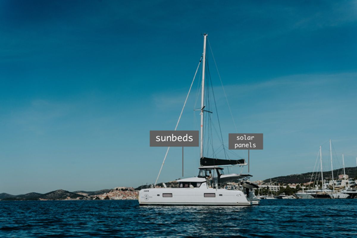 Exterior view of ZETA, a Lagoon 42 catamaran at Grad Šibenik, Croatia