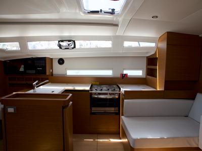 Galley of Eugenia, a Jeanneau Sun Odyssey 410 sailboat at Skiathos, Greece
