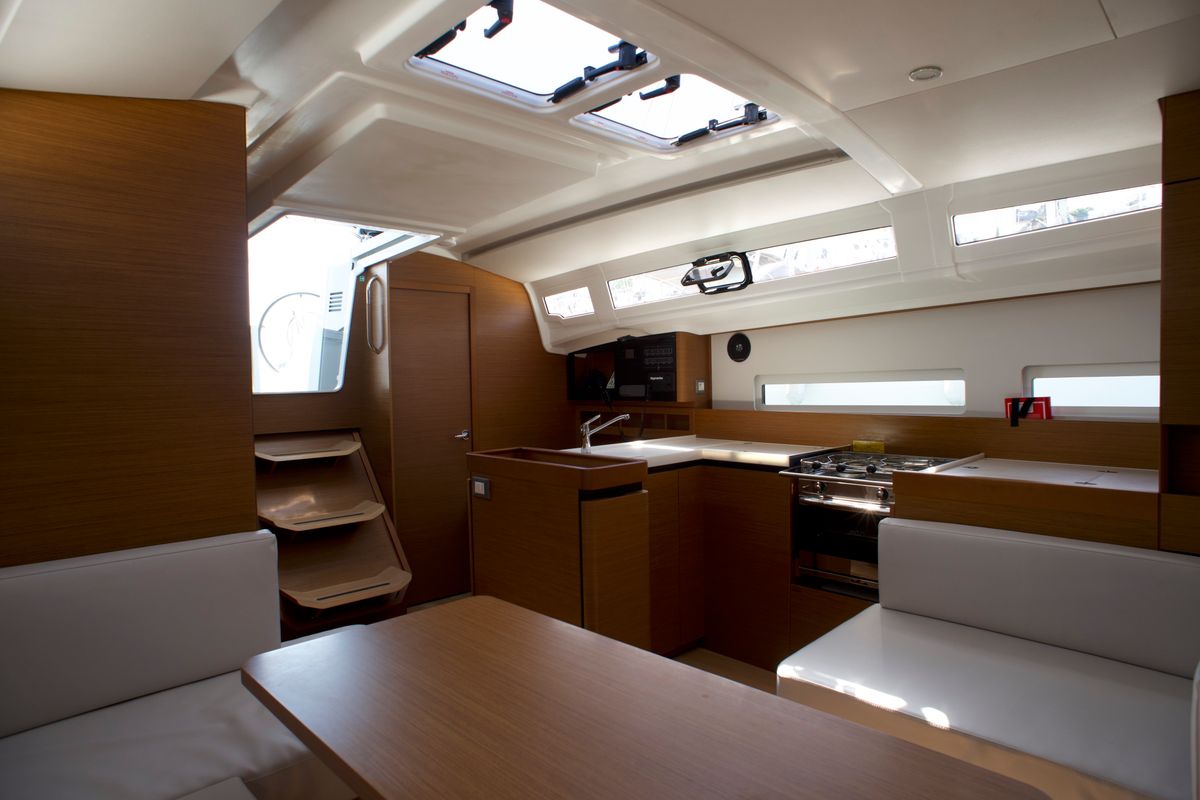 Galley of Eugenia, a Jeanneau Sun Odyssey 410 sailboat at Skiathos, Greece