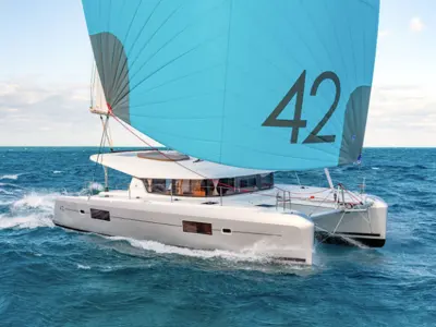 Exterior view of Ivan Nonno, a Lagoon 42 catamaran at Fethiye, Turkey