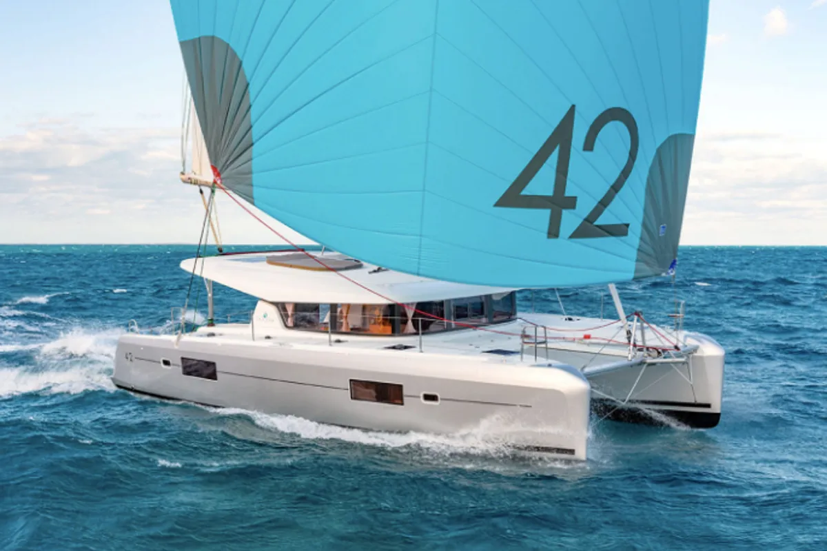 Exterior view of Ivan Nonno, a Lagoon 42 catamaran at Fethiye, Turkey
