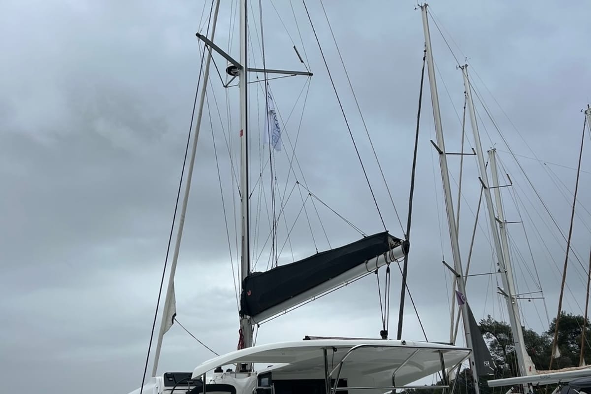 Exterior view of Ivan Nonno, a Lagoon 42 catamaran at Fethiye, Turkey