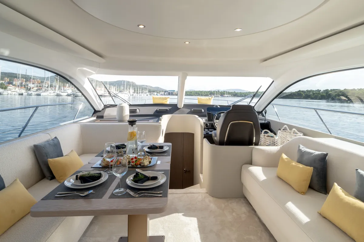 Salon of NALU, a Azimut 53 Fly motorboat at Grad Šibenik, Croatia