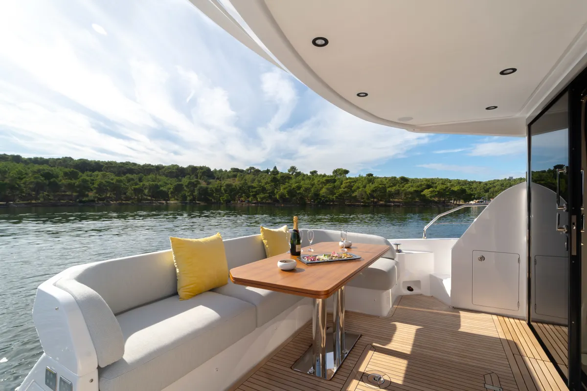 Deck of NALU, a Azimut 53 Fly motorboat at Grad Šibenik, Croatia