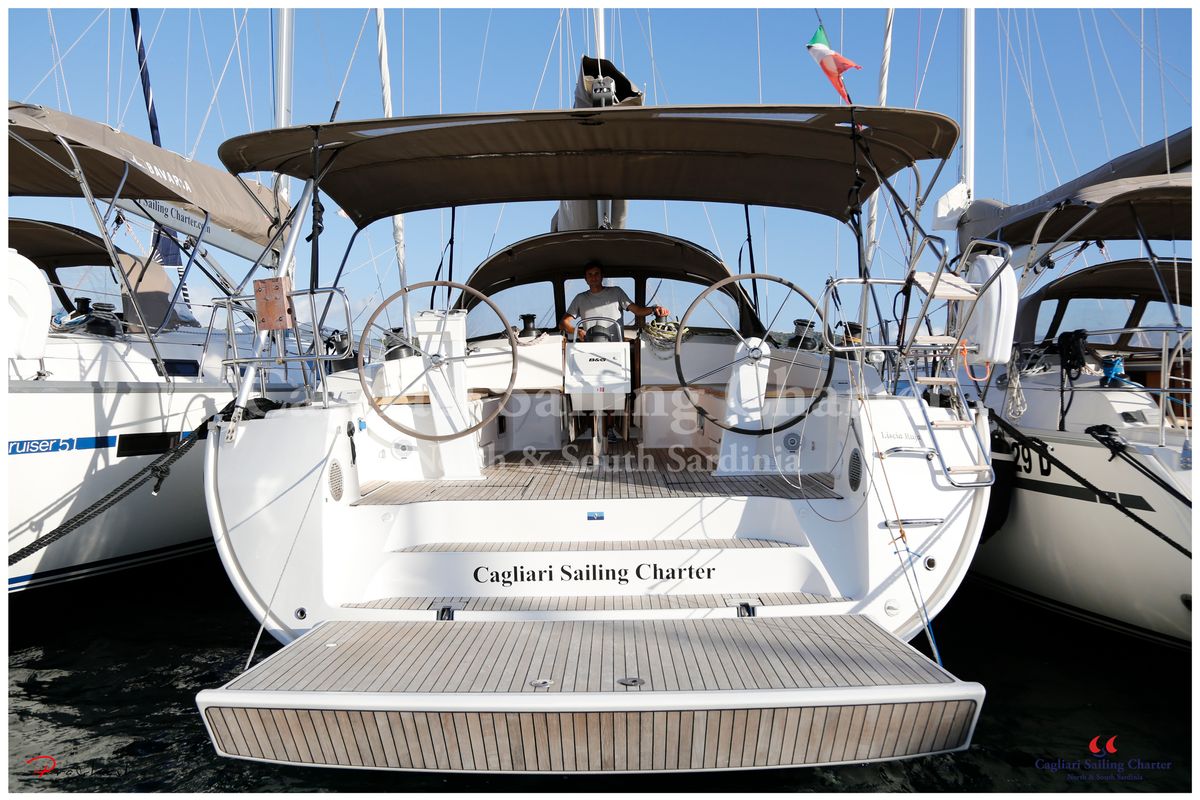Cockpit of Liscia Ruja, a Bavaria Cruiser 51 sailboat at Figari/Golfo Aranci, Italy