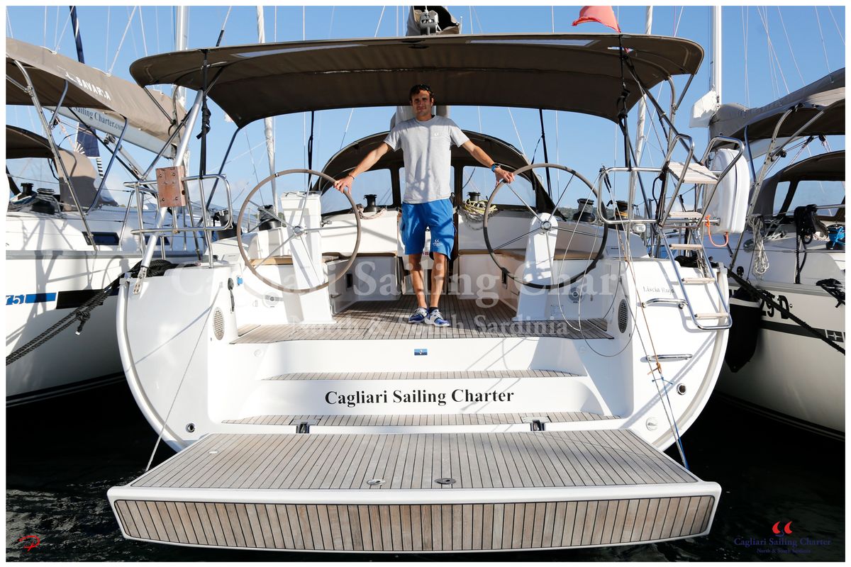 Cockpit of Liscia Ruja, a Bavaria Cruiser 51 sailboat at Figari/Golfo Aranci, Italy