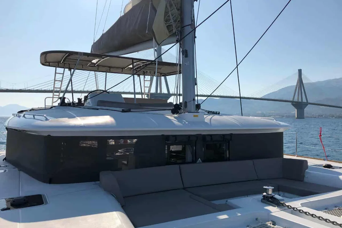 Exterior view of Lagoon 450F built 2019 Generator, A/C, Watermaker, a Lagoon 450 Fly catamaran at Municipal Unit of Lefkada,…