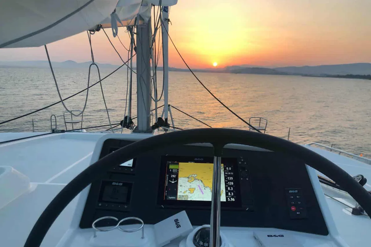 Cockpit of Lagoon 450F built 2019 Generator, A/C, Watermaker, a Lagoon 450 Fly catamaran at Municipal Unit of Lefkada, Greece