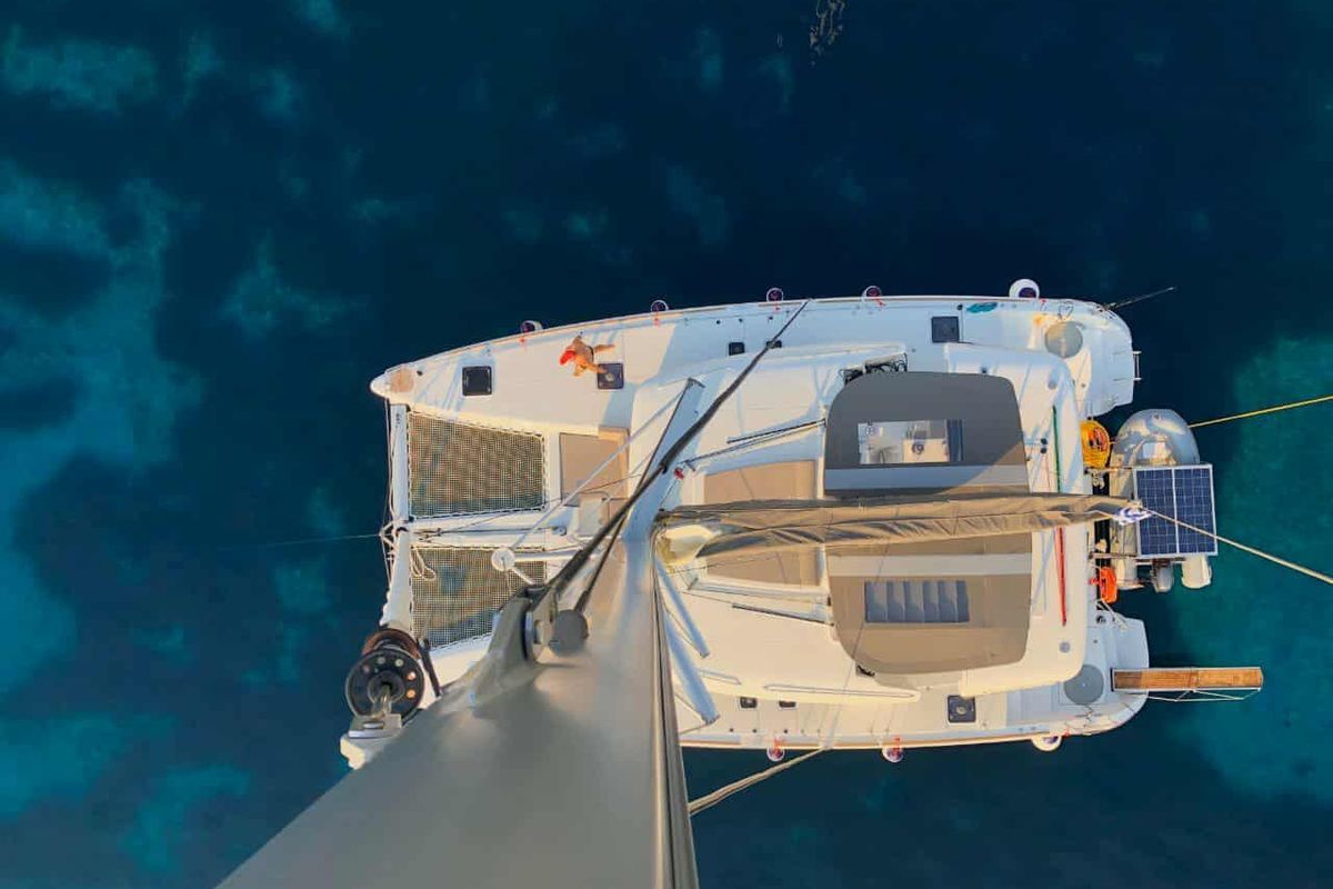 Exterior view of Lagoon 450F built 2019 Generator, A/C, Watermaker, a Lagoon 450 Fly catamaran at Municipal Unit of Lefkada,…