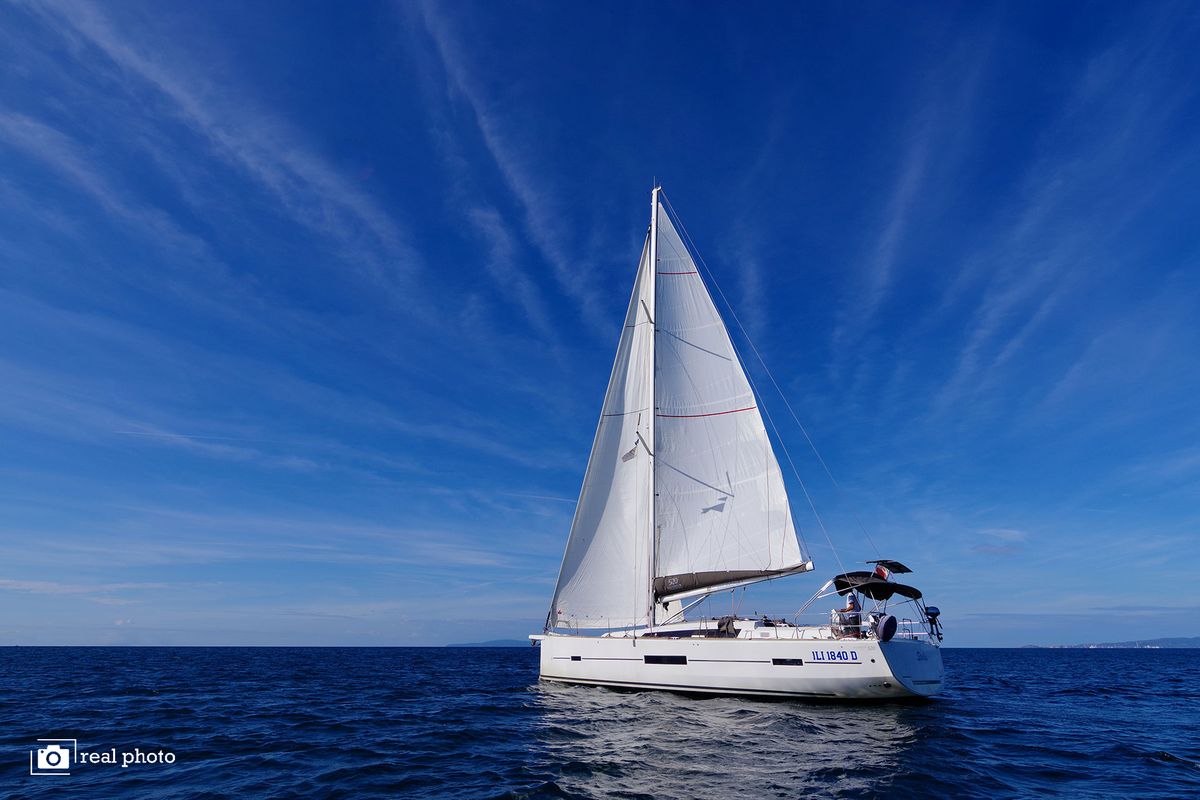 Exterior view of Stella, a Dufour 520 Grand Large sailboat at Puntone di Scarlino, Italy