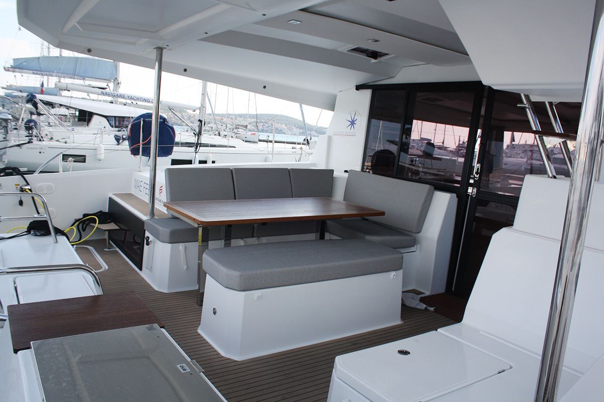 Deck of Mae Fee, a Fountaine Pajot Astrea 42 catamaran at Seget Donji, Croatia