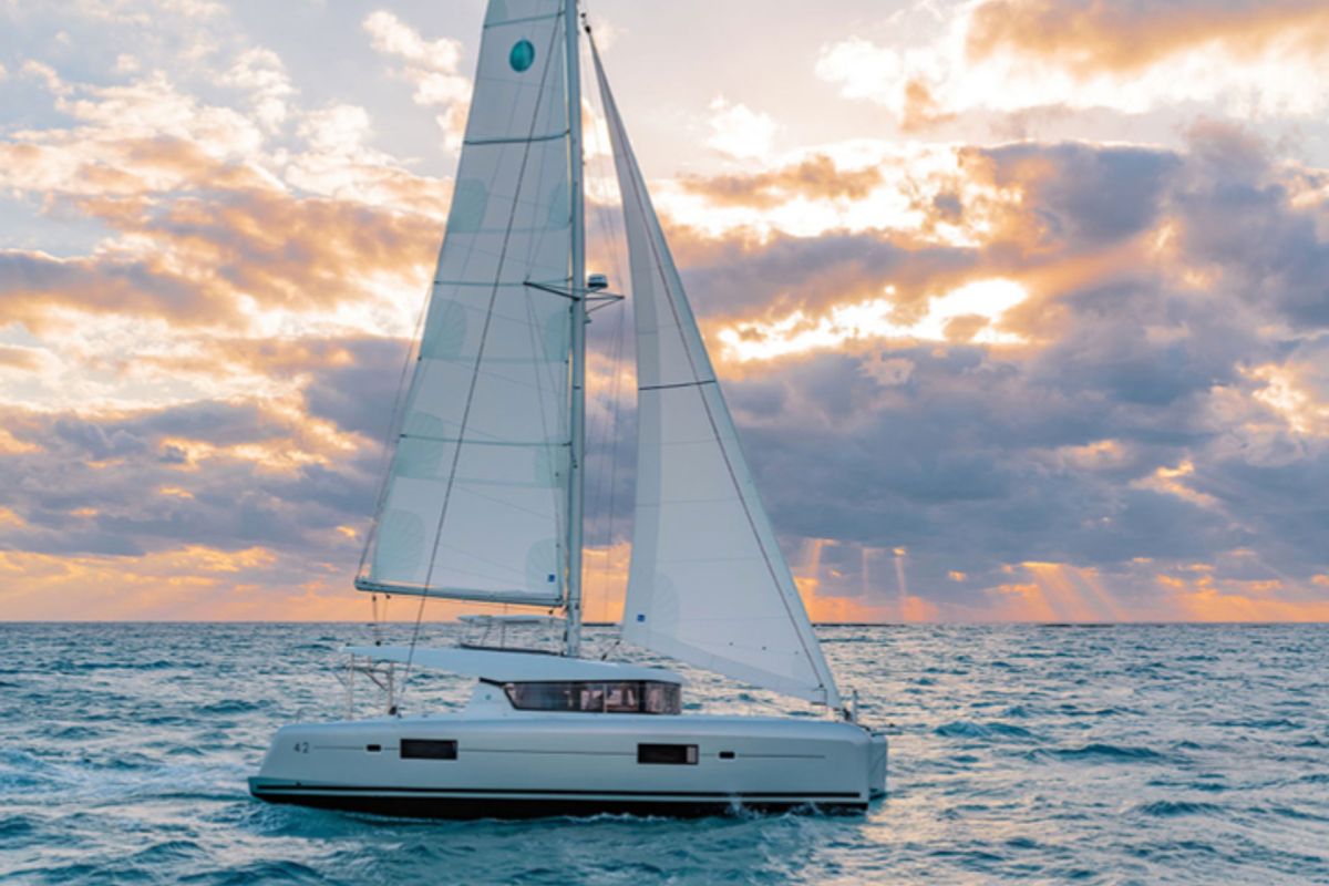 Exterior view of Nereide, a Lagoon 42 catamaran at Olbia, Italy