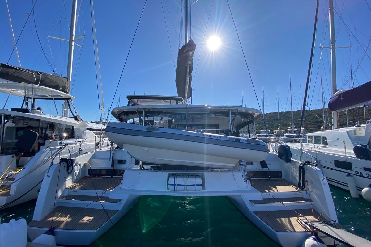 Deck of Nereide, a Lagoon 42 catamaran at Olbia, Italy