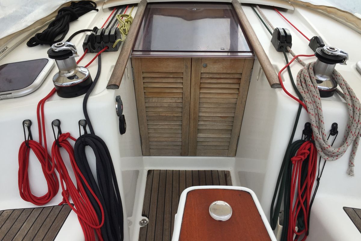 Deck of Silly Shark (GND), a Beneteau Oceanis 43 sailboat at Grand Anse, Grenada